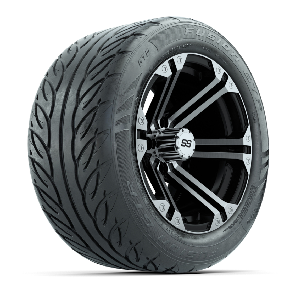 GTW® Specter Black/Machined 14 in Wheels with 255/45-R14 Fusion GTR Steel Belt Radial Street Tires – Full Set