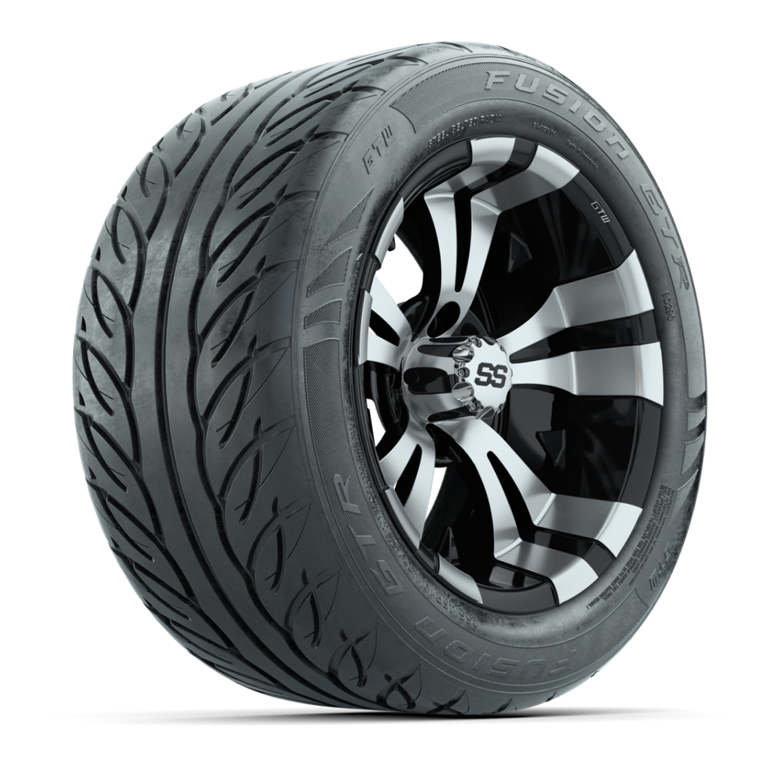 GTW® Vampire Black/Machined 14 in Wheels with 255/45-R14 Fusion GTR Steel Belt Radial Street Tires – Full Set