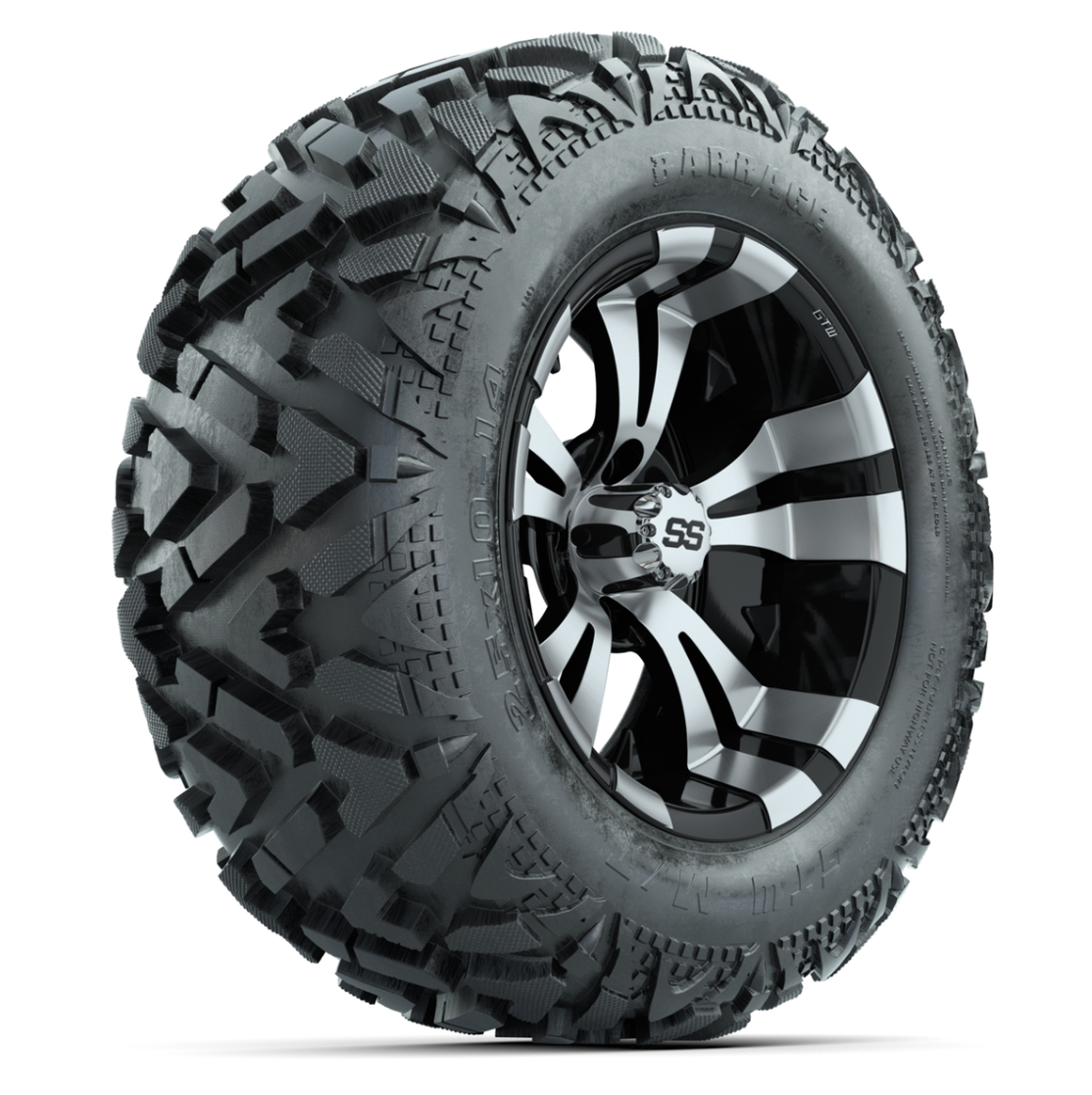 GTW Vampire Black/Machined 14 in Wheels with 25x10-14 Barrage Mud Tires – Full Set