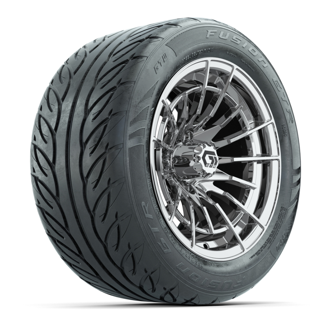 GTW® Boost Chrome 14 in Wheels with 255/45-R14 Fusion GTR Steel Belt Radial Street Tires – Full Set