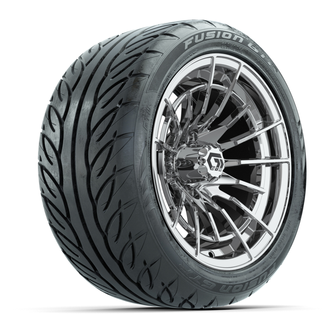 GTW® Boost Chrome 14 in Wheels with 225/40-R14 Fusion GTR Steel Belt Radial Street Tires – Full Set