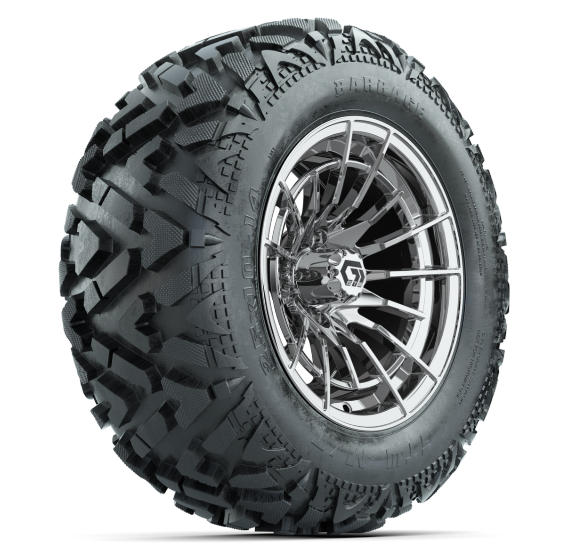 GTW Boost Chrome 14 in Wheels with 25x10-14 Barrage Mud Tires – Full Set