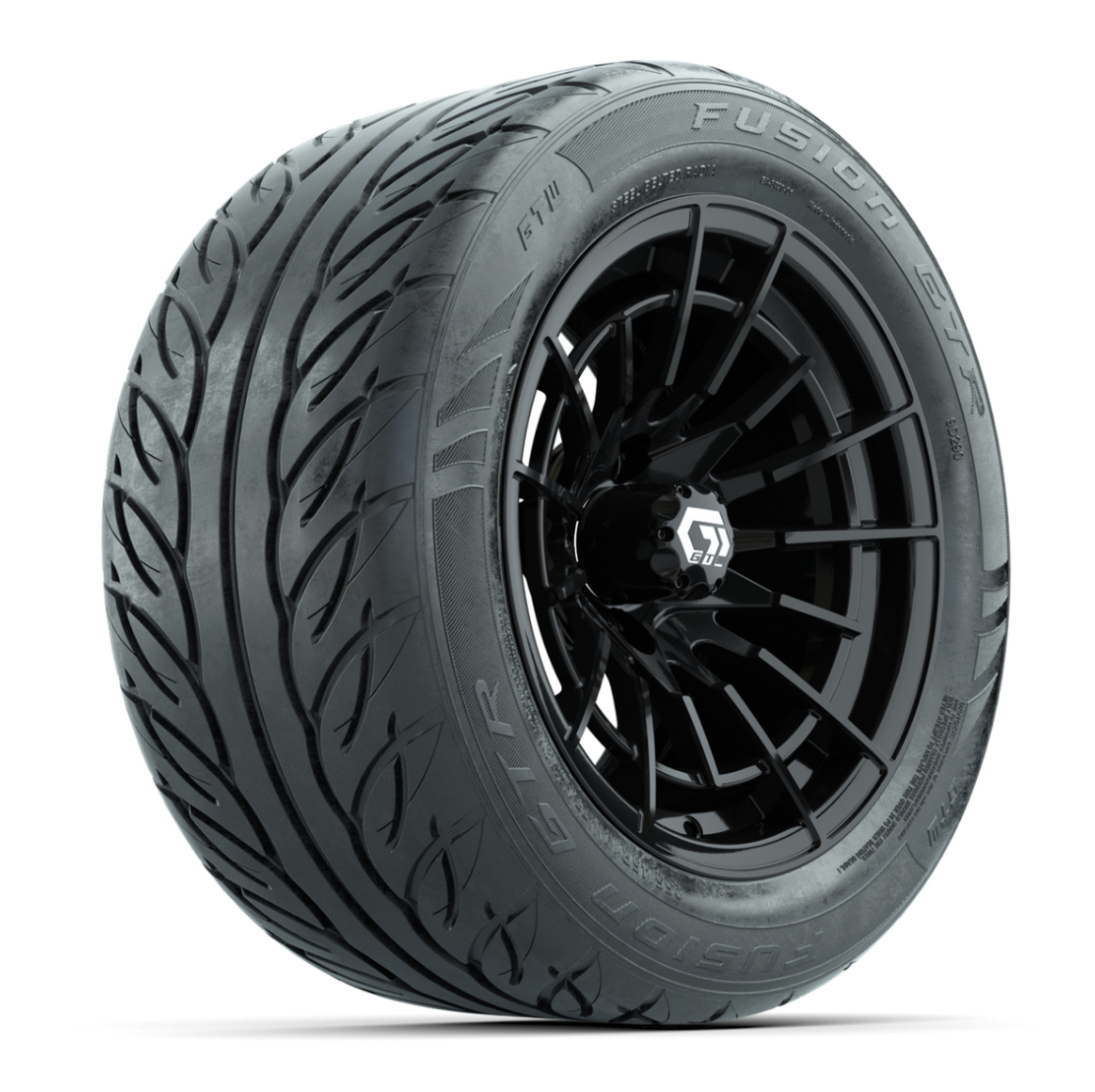 GTW® Boost Gloss Black 14 in Wheels with 255/45-R14 Fusion GTR Steel Belt Radial Street Tires – Full Set