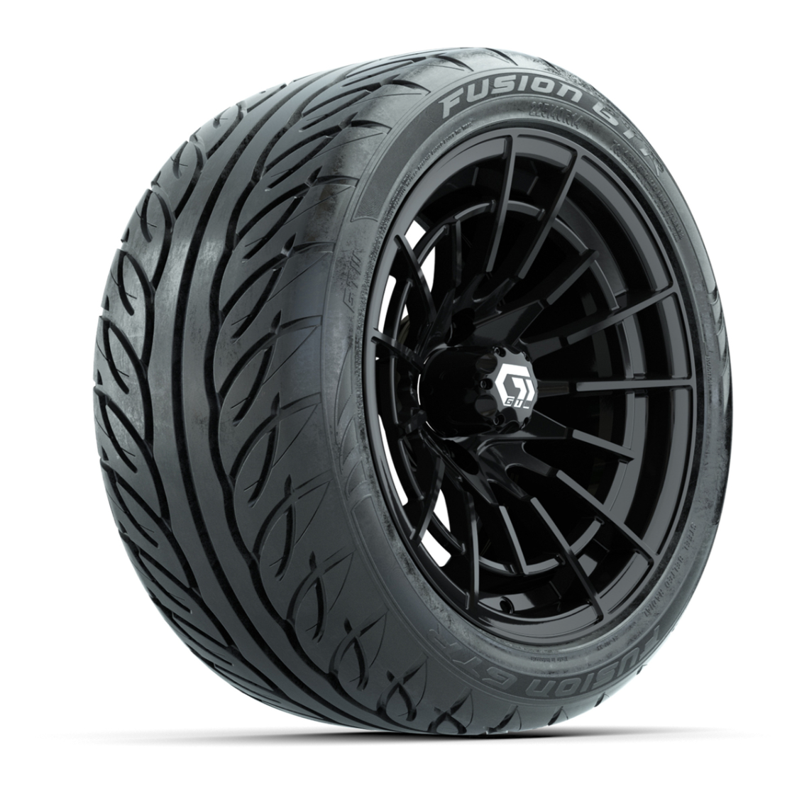 GTW® Boost Gloss Black 14 in Wheels with 225/40-R14 Fusion GTR Steel Belt Radial Street Tires – Full Set