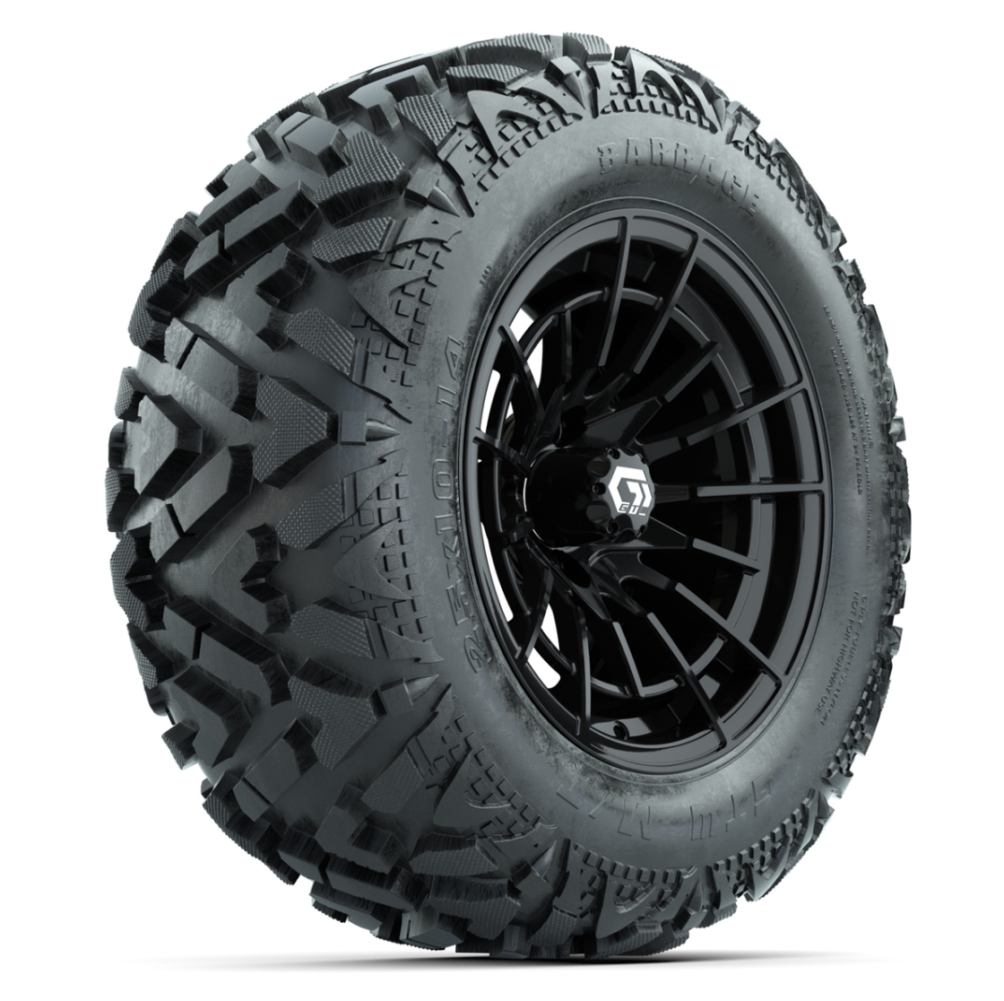 GTW Boost Gloss Black 14 in Wheels with 25x10-14 Barrage Mud Tires – Full Set