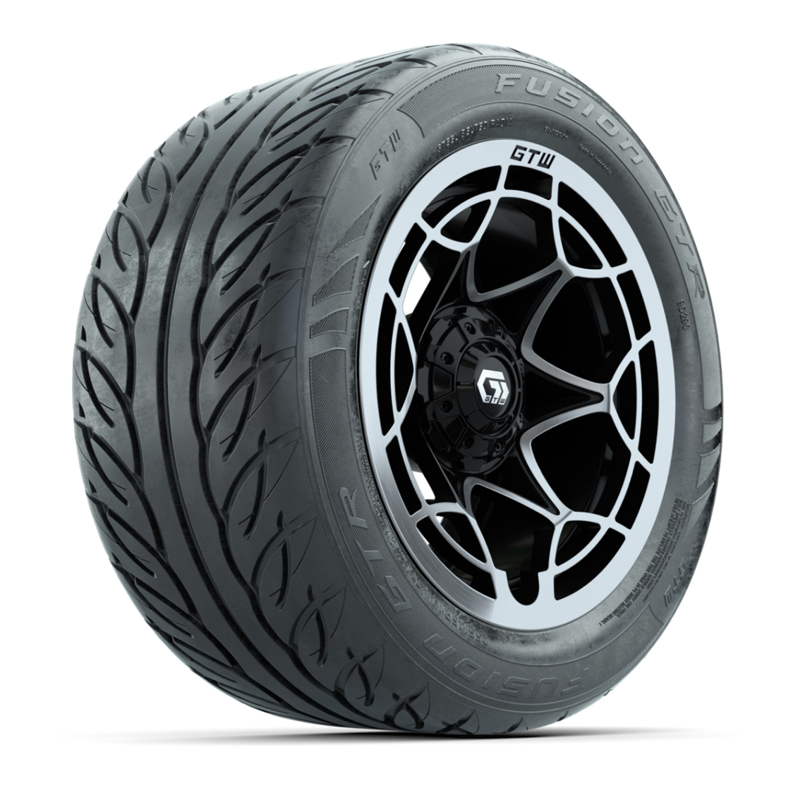 GTW® Nexus Black with Silver Face 14 in Wheels with 255/45-R14 Fusion GTR Steel Belt Radial Street Tires – Full Set