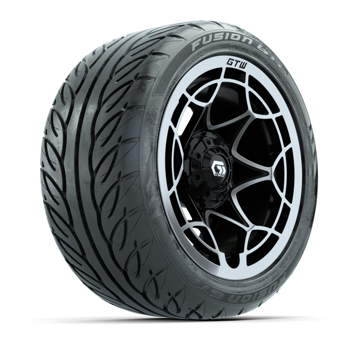 GTW® Nexus Black with Silver Face 14 in Wheels with 225/40-R14 Fusion GTR Steel Belt Radial Street Tires – Full Set