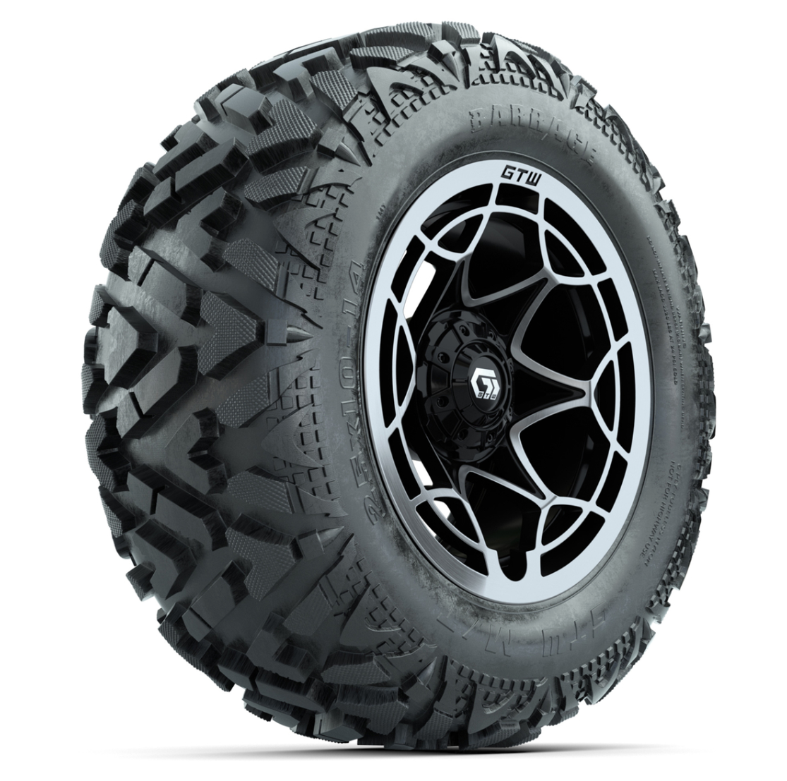 GTW Nexus Black/Silver 14 in Wheels with 25x10-14 Barrage Mud Tires – Full Set
