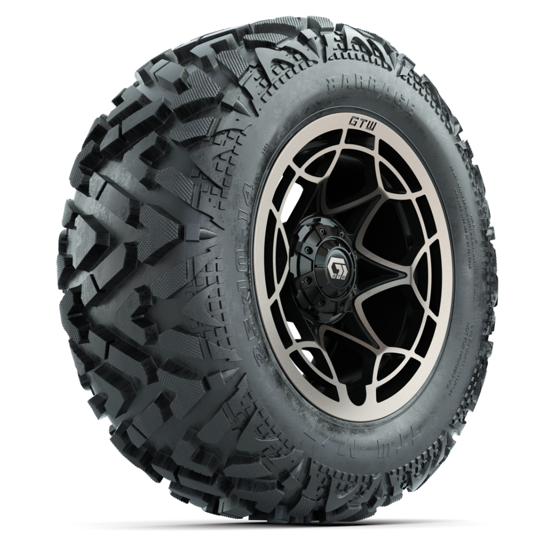 GTW Nexus Black/Bronze 14 in Wheels with 25x10-14 Barrage Mud Tires – Full Set