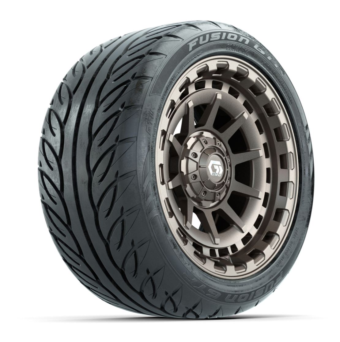 GTW® Barricade Bronze 14 in Wheels with 225/40-R14 Fusion GTR Steel Belt Radial Street Tires – Full Set