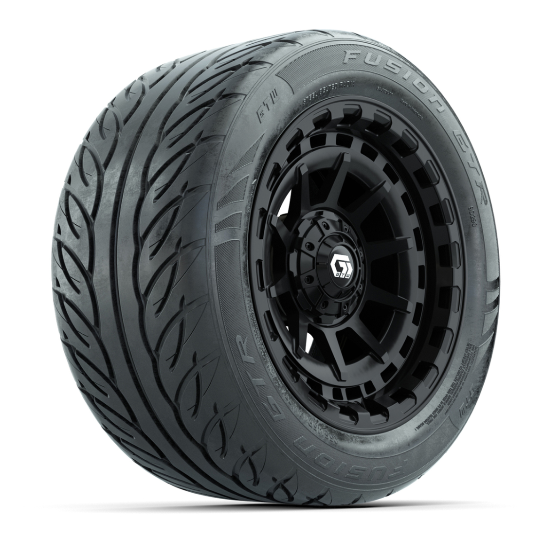 GTW® Barricade Black 14 in Wheels with 255/45-R14 Fusion GTR Steel Belt Radial Street Tires – Full Set