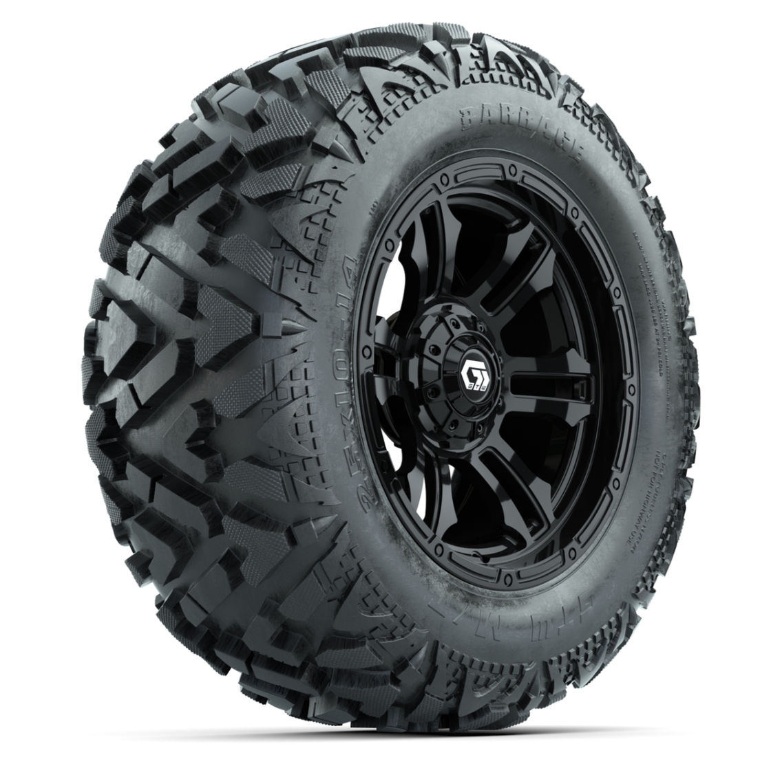 GTW Shogun Gloss Black 14 in Wheels with 25x10-14 Barrage Mud Tires – Full Set