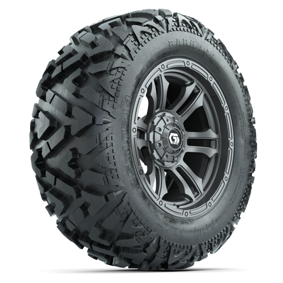 GTW Shogun Gunmetal 14 in Wheels with 25x10-14 Barrage Mud Tires – Full Set