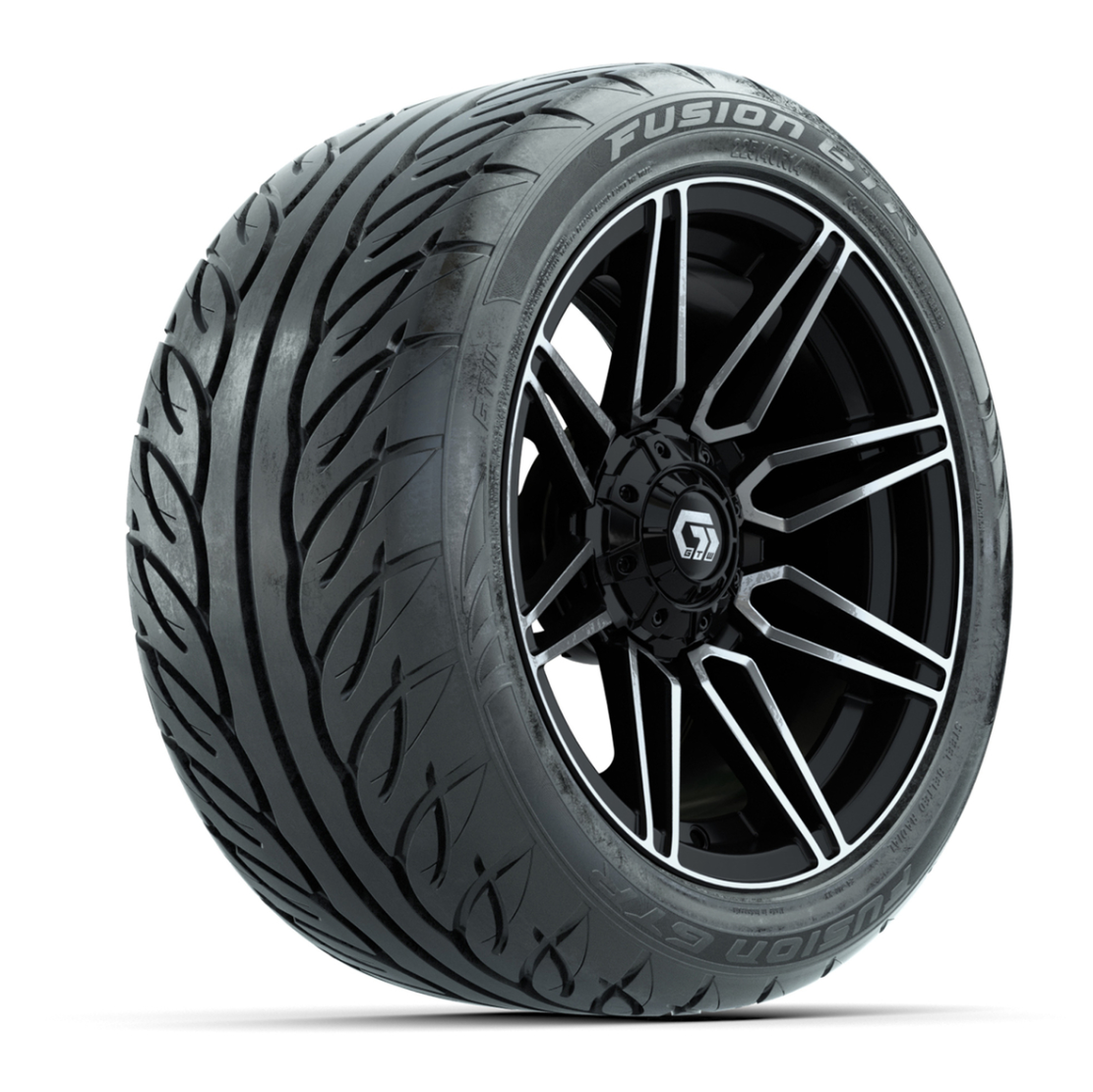 GTW® Stealth Black/Machined 14 in Wheels with 225/40-R14 Fusion GTR Steel Belt Radial Street Tires – Full Set
