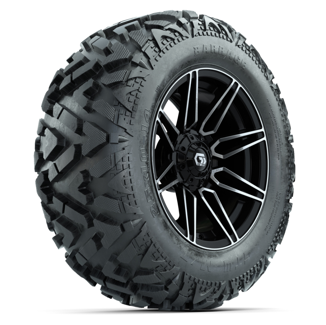 GTW Stealth Black/Machined 14 in Wheels with 25x10-14 Barrage Mud Tires – Full Set