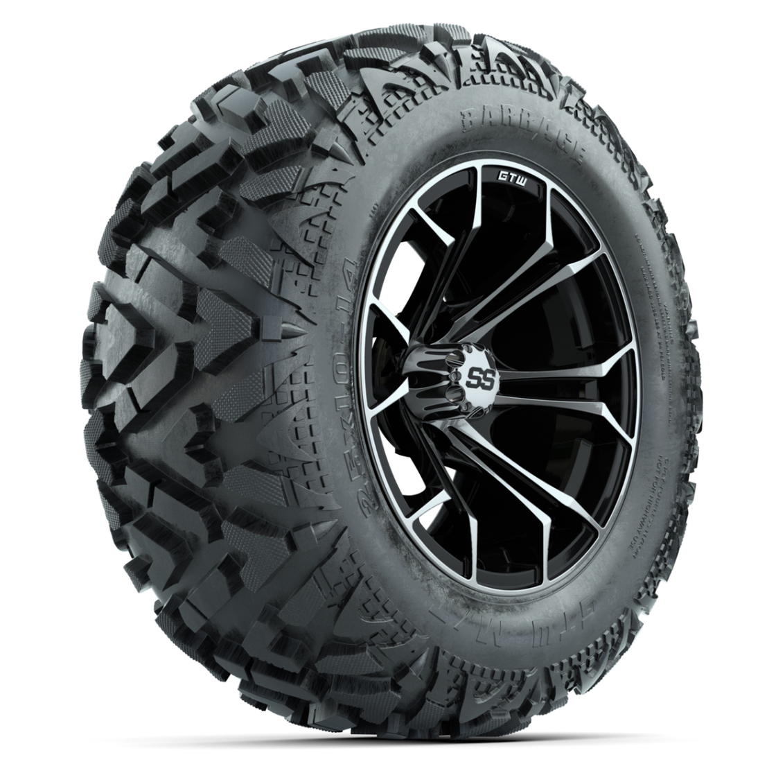 GTW Spyder Black/Machined 14 in Wheels with 25x10-14 Barrage Mud Tires – Full Set