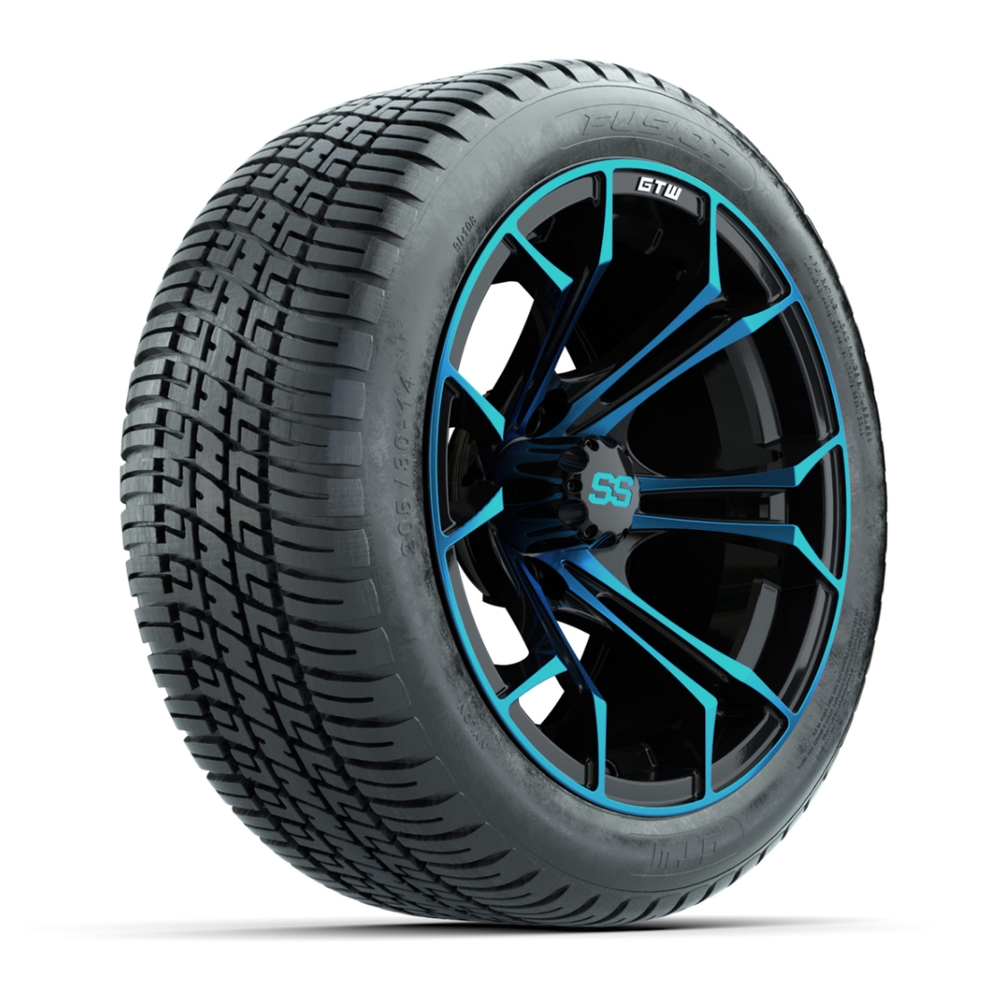 GTW® Spyder Black/Blue 14 in Wheels with 205/30-R14 Fusion Street Tires – Full Set