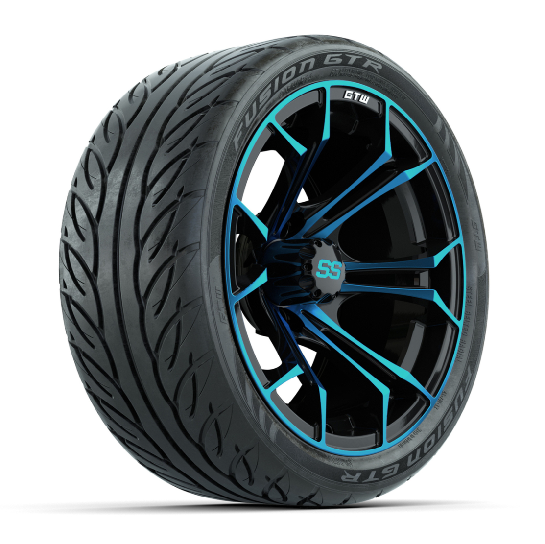 GTW® Spyder Black/Blue 14 in Wheels with 205/40-R14 Fusion GTR Steel Belt Radial Street Tires – Full Set