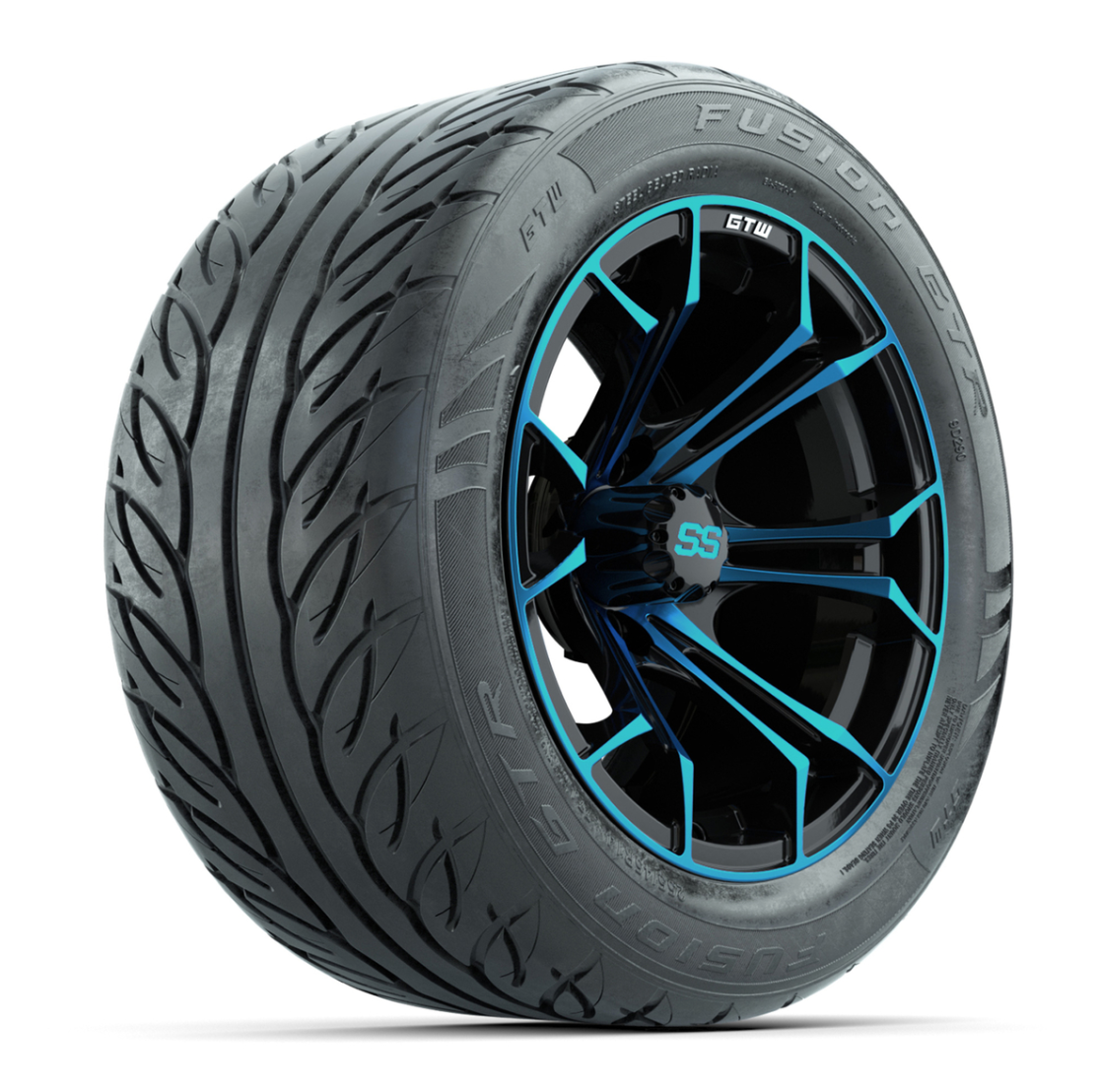 GTW® Spyder Black/Blue 14 in Wheels with 255/45-R14 Fusion GTR Steel Belt Radial Street Tires – Full Set