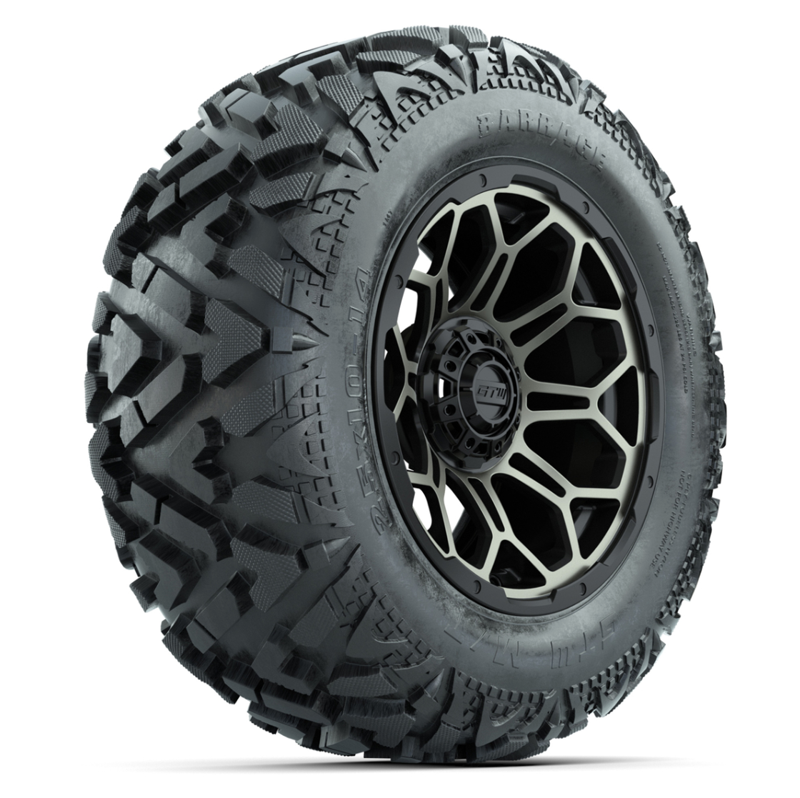 GTW Bravo Black/Bronze Tint 14 in Wheels with 25x10-14 Barrage Mud Tires – Full Set
