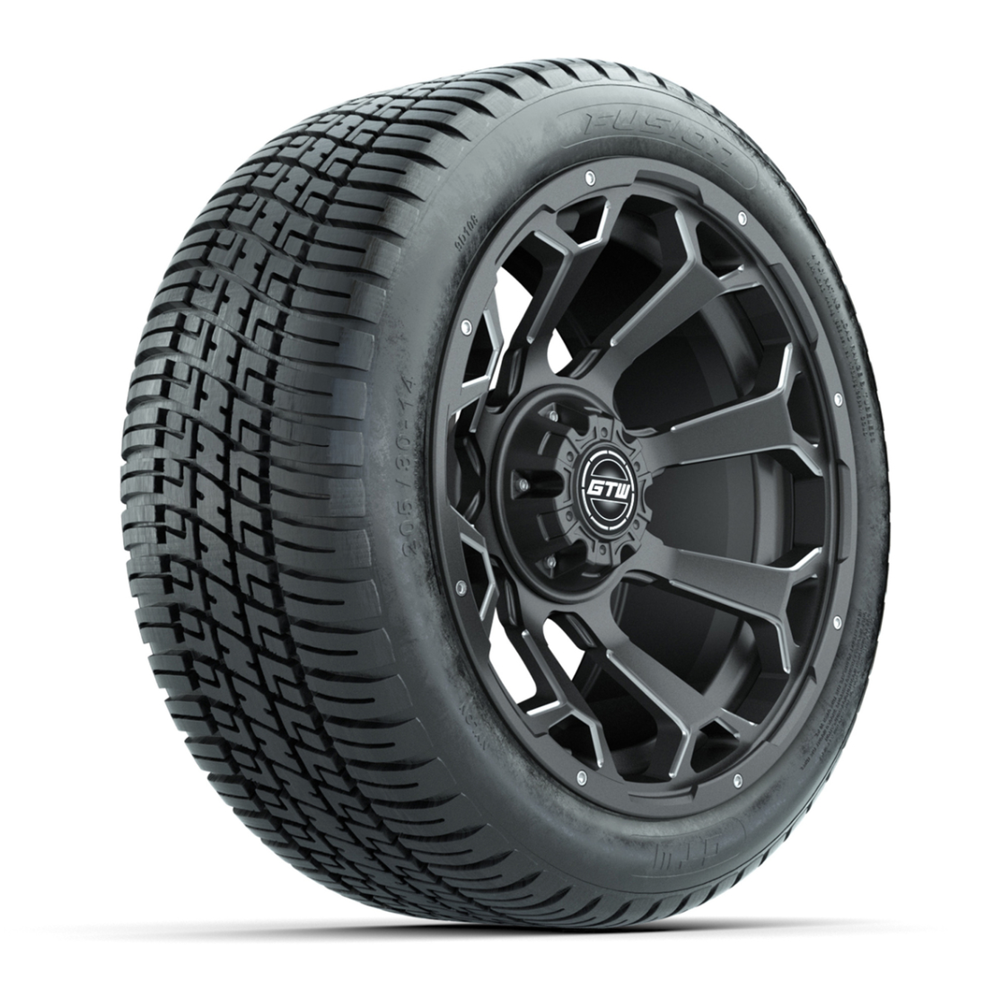 GTW® Raven Matte Gray/Ball Milled 14 in Wheels with 205/30-R14 Fusion Street Tires – Full Set
