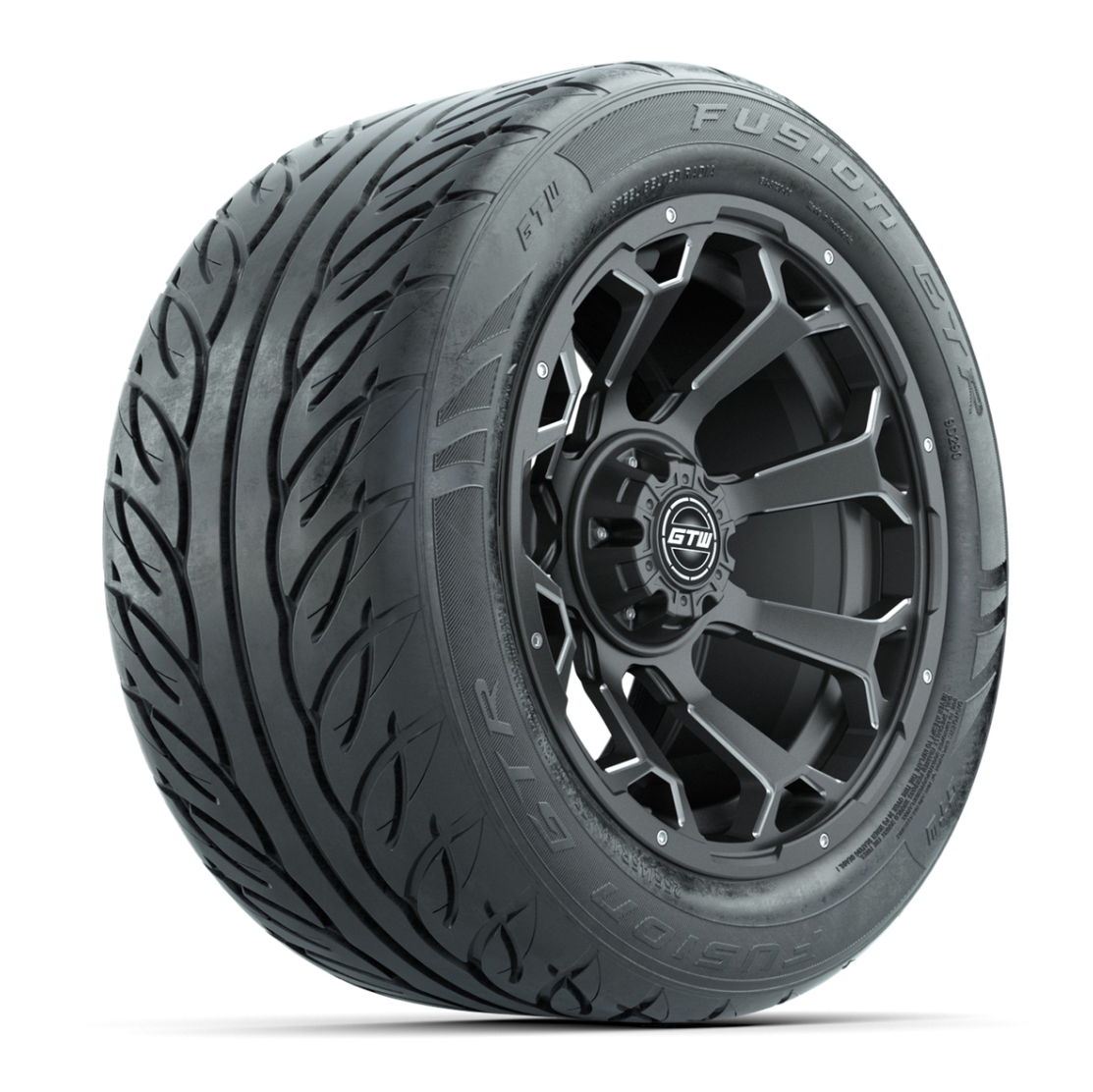 GTW® Raven Matte Gray/Ball Milled 14 in Wheels with 255/45-R14 Fusion GTR Steel Belt Radial Street Tires – Full Set