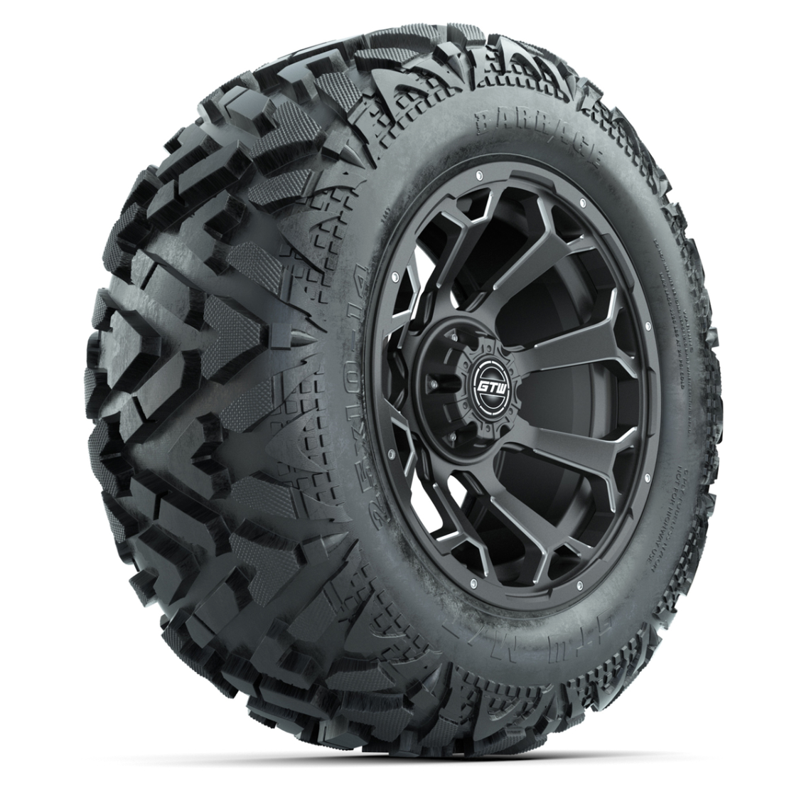GTW Raven Matte Gray/Ball Mill 14 in Wheels with 25x10-14 Barrage Mud Tires – Full Set