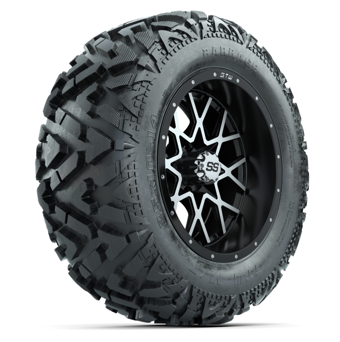 GTW Vortex Matte Black/Machined 14 in Wheels with 25x10-14 Barrage Mud Tires – Full Set