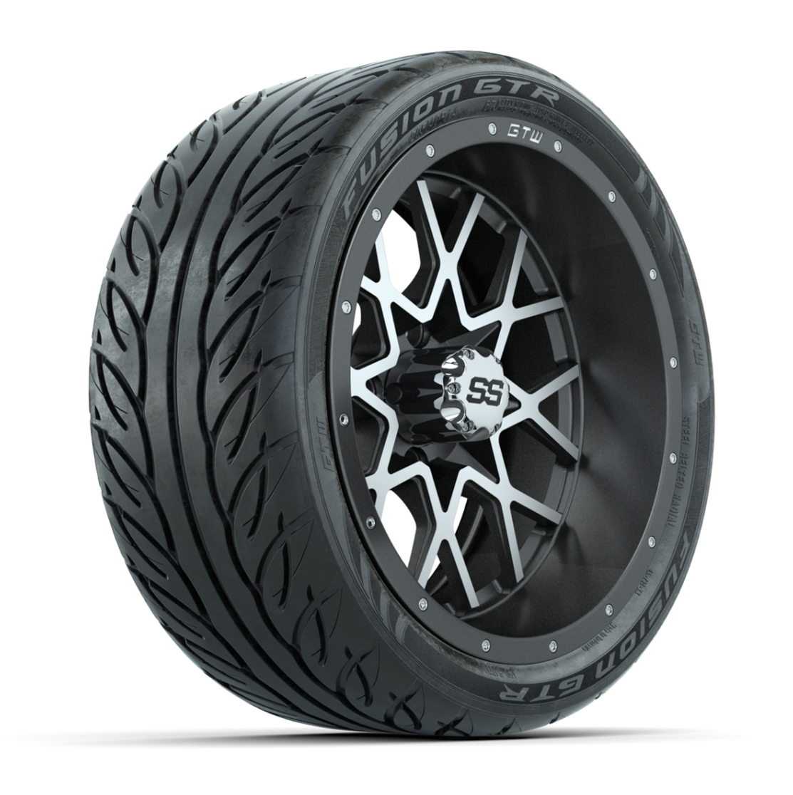 GTW® Vortex 2 Matte Gray/Machined 14 in Wheels with 205/40-R14 Fusion GTR Steel Belt Radial Street Tires – Full Set