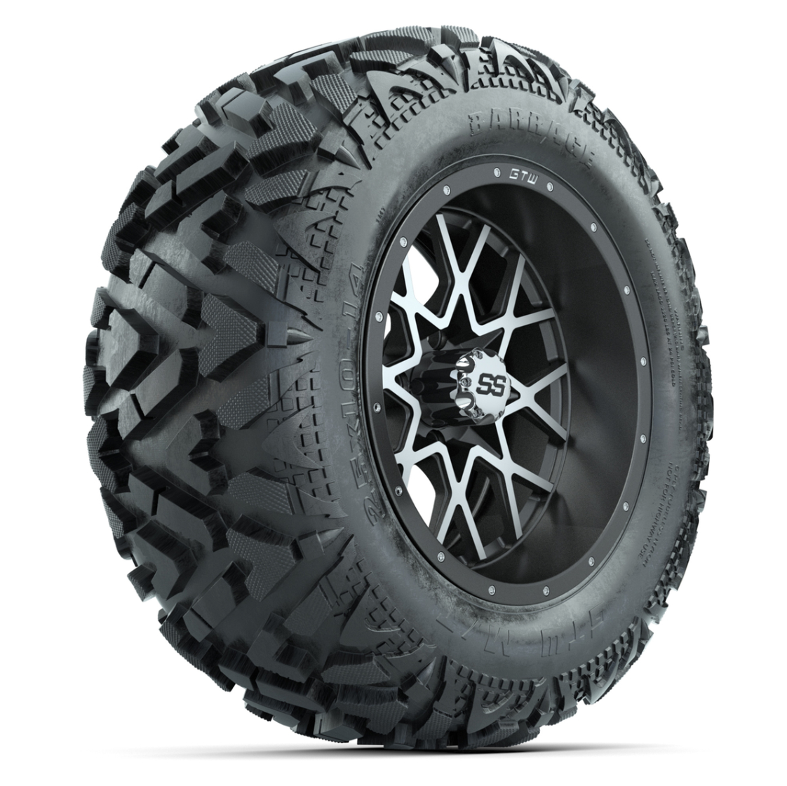 GTW Vortex Matte Gray/Machined 14 in Wheels with 25x10-14 Barrage Mud Tires – Full Set