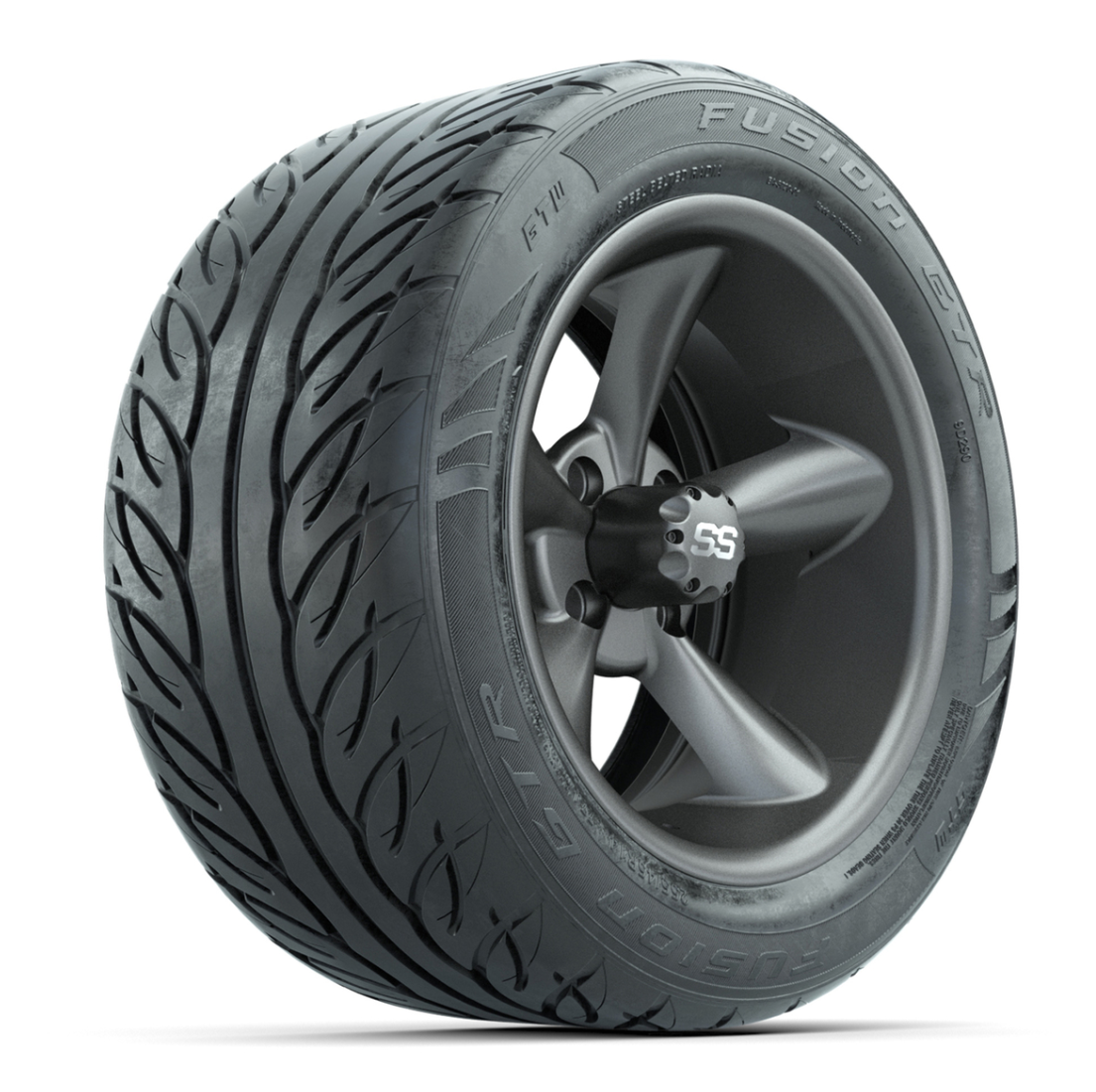 GTW® Godfather Matte Gray 14 in Wheels with 255/45-R14 Fusion GTR Steel Belt Radial Street Tires – Full Set