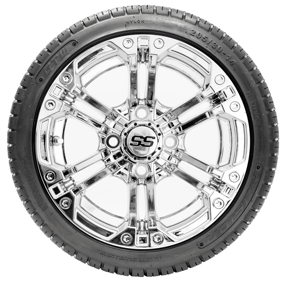 GTW Specter Chrome 14 in Wheels with 205/30-R14 Fusion Street Tires – Set of 4