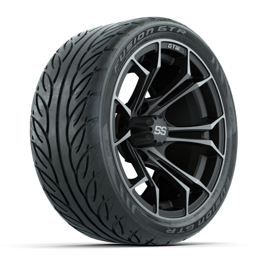 GTW® Spyder Matte Gray/Machined 14 in Wheels with 205/40-R14 Fusion GTR Steel Belt Radial Street Tires – Full Set