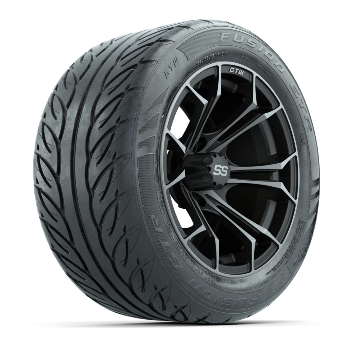 GTW® Spyder Matte Gray/Machined 14 in Wheels with 255/45-R14 Fusion GTR Steel Belt Radial Street Tires – Full Set