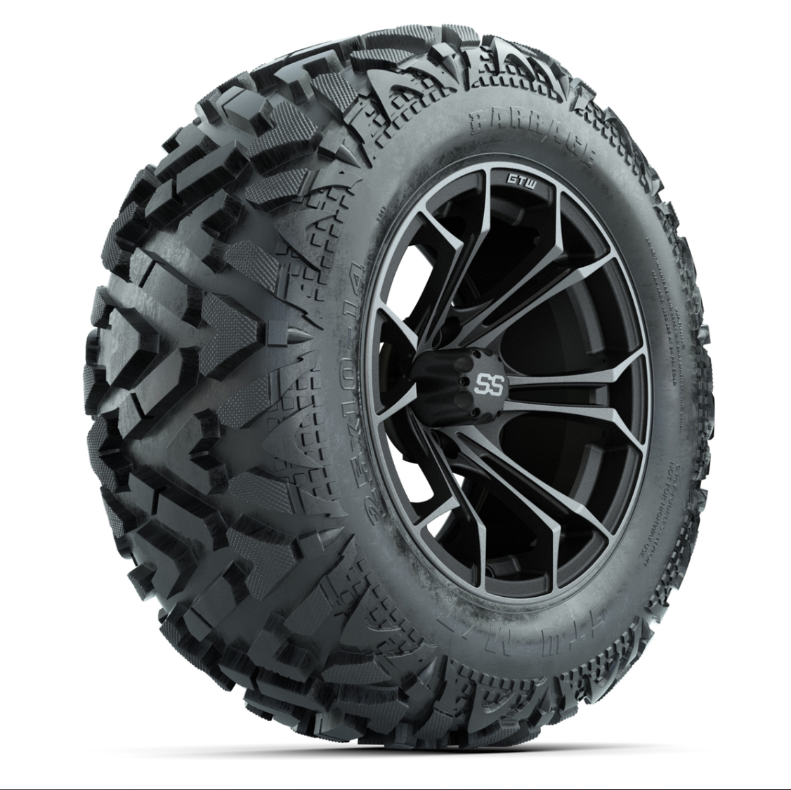 GTW Spyder Matte Gray/Machined 14 in Wheels with 25x10-14 Barrage Mud Tires – Full Set