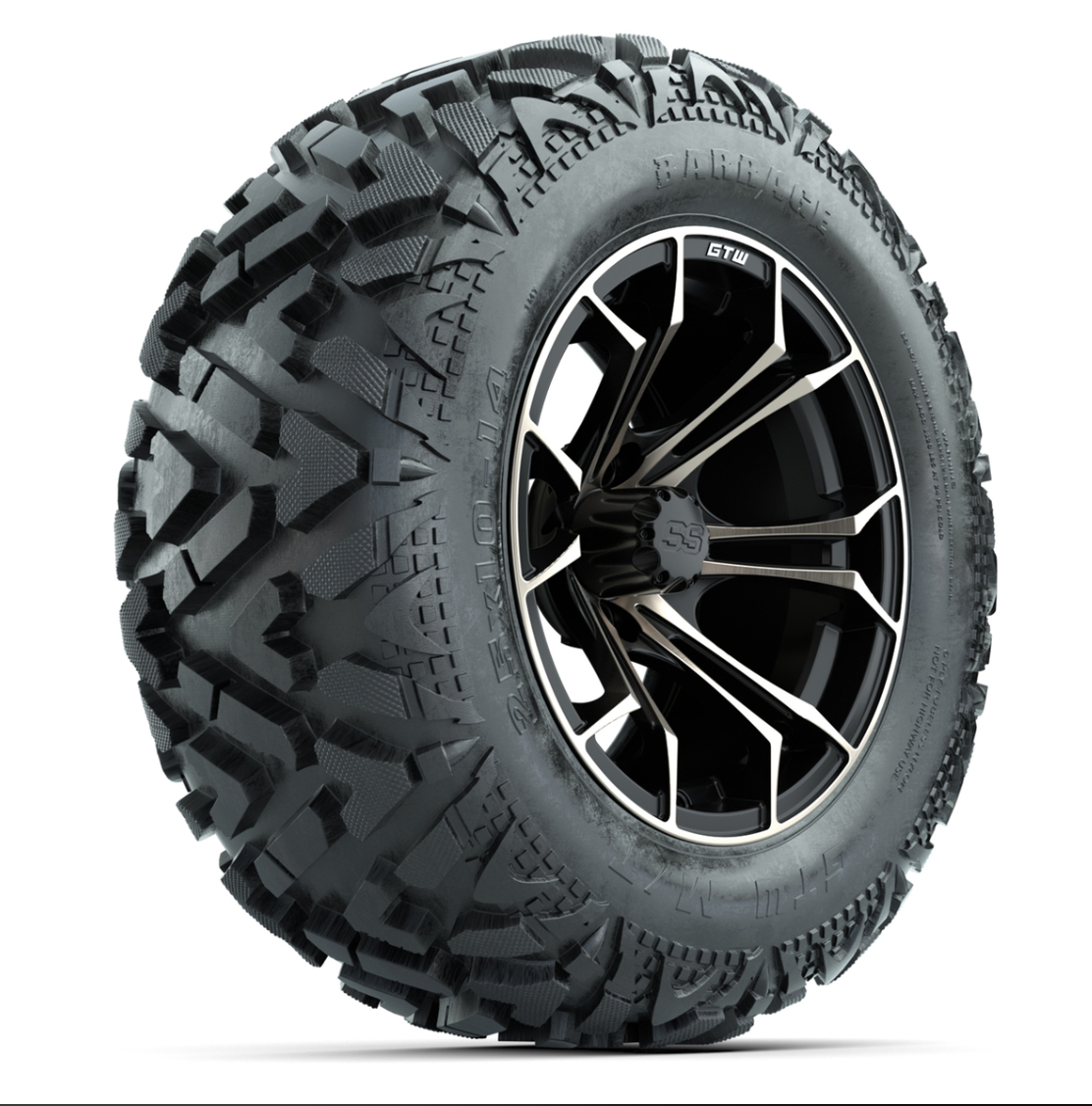 GTW Spyder Matte Black/Bronze 14 in Wheels with 25x10-14 Barrage Mud Tires – Full Set