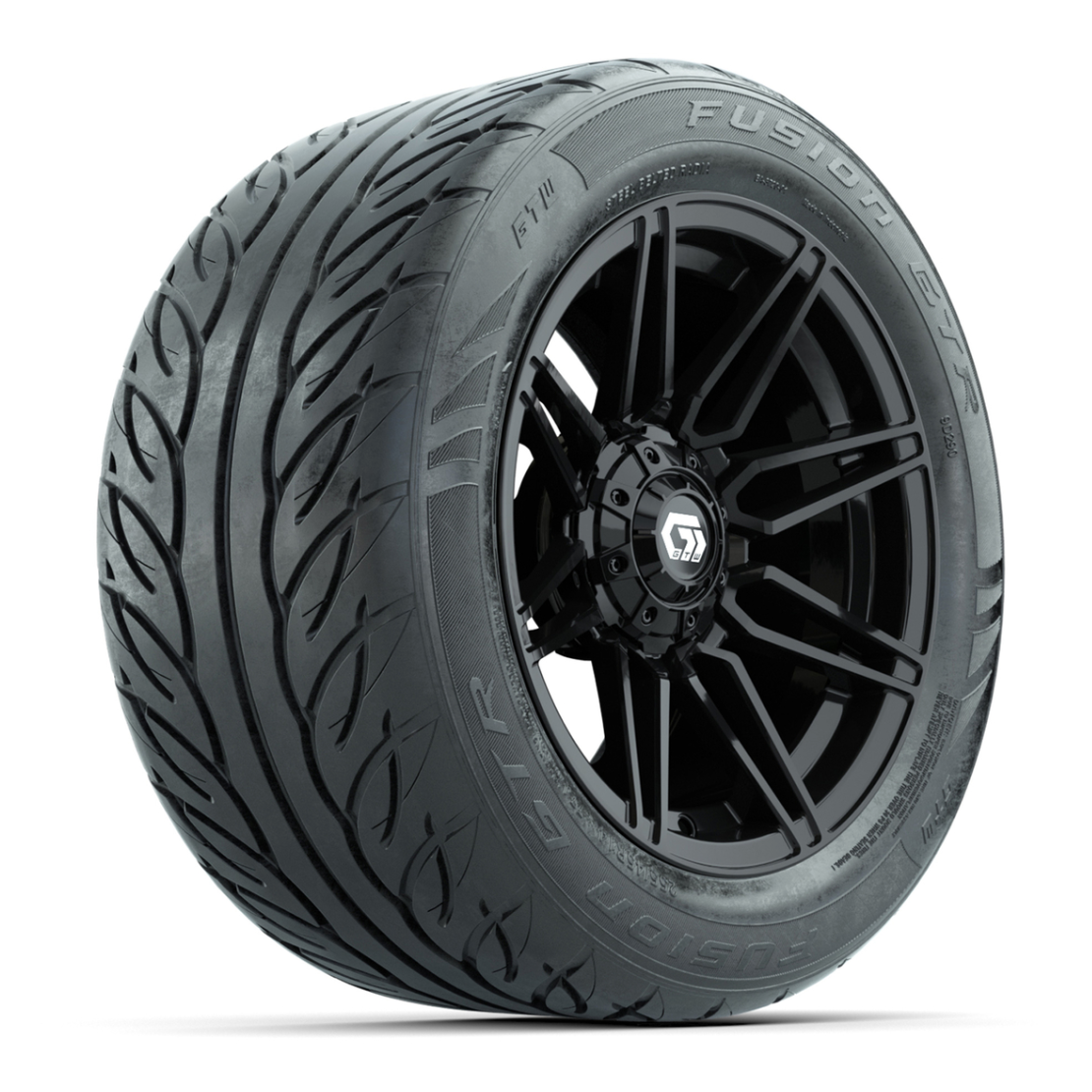 GTW® Stealth Gloss Black 14 in Wheels with 255/45-R14 Fusion GTR Steel Belt Radial Street Tires – Full Set
