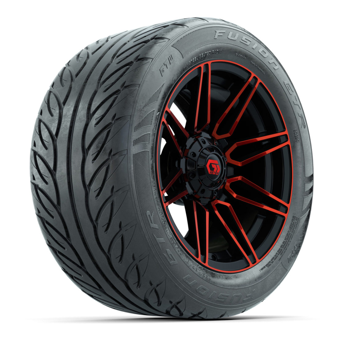 GTW® Stealth Red/Machined 14 in Wheels with 255/45-R14 Fusion GTR Steel Belt Radial Street Tires – Full Set