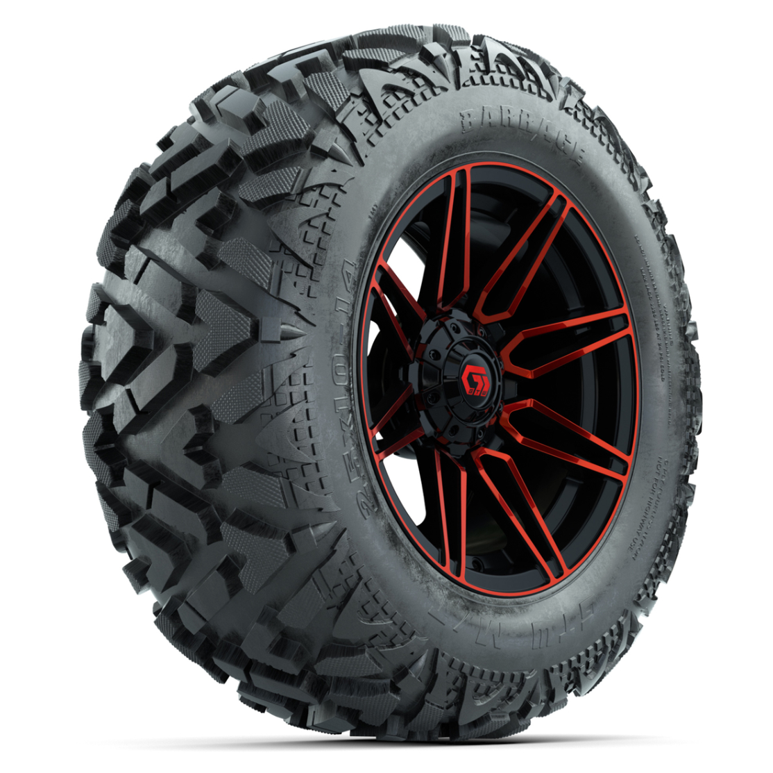 GTW Stealth Red/Machined 14 in Wheels with 25x10-14 Barrage Mud Tires – Full Set