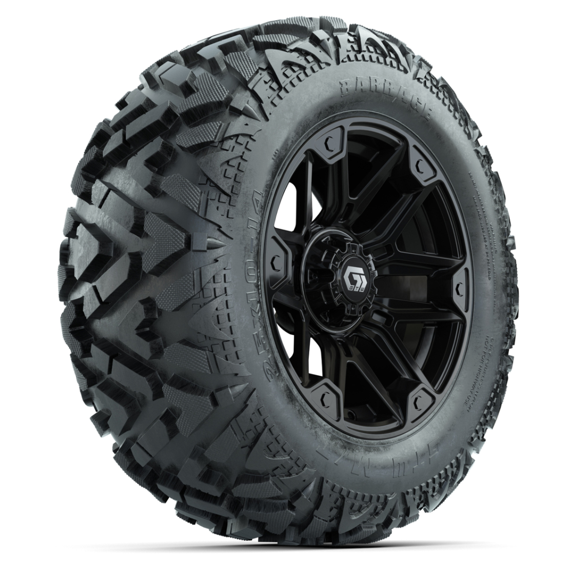 GTW Graffiti Gloss Black 14 in Wheels with 25x10-14 Barrage Mud Tires – Full Set