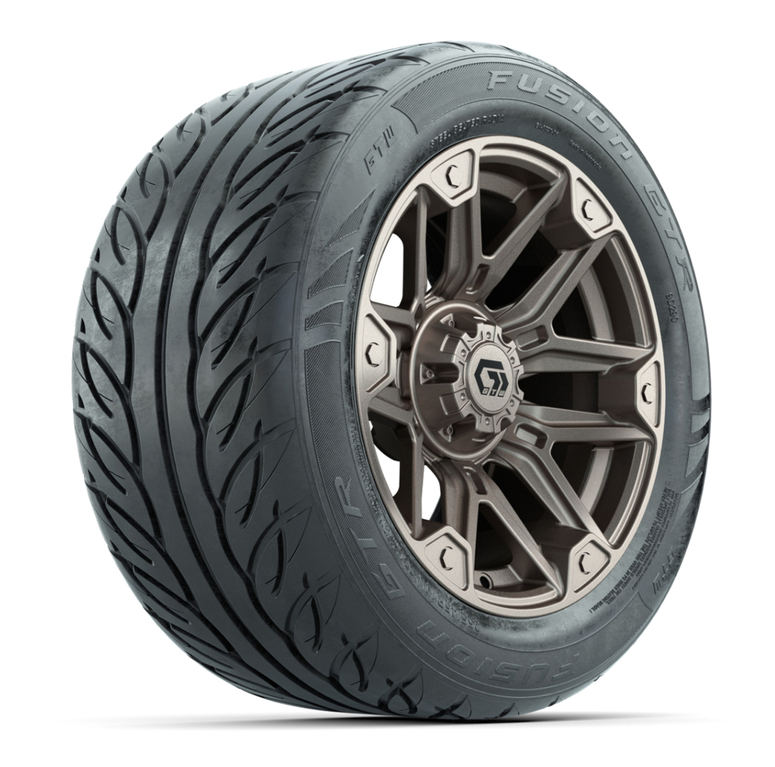 GTW® Graffiti Bronze/Black 14 in Wheels with 255/45-R14 Fusion GTR Steel Belt Radial Street Tires – Full Set