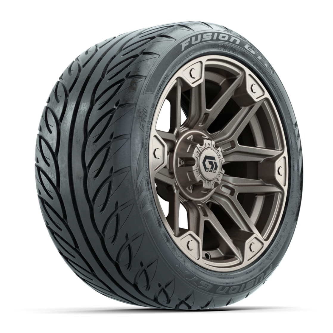 GTW® Graffiti Bronze/Black 14 in Wheels with 225/40-R14 Fusion GTR Steel Belt Radial Street Tires – Full Set