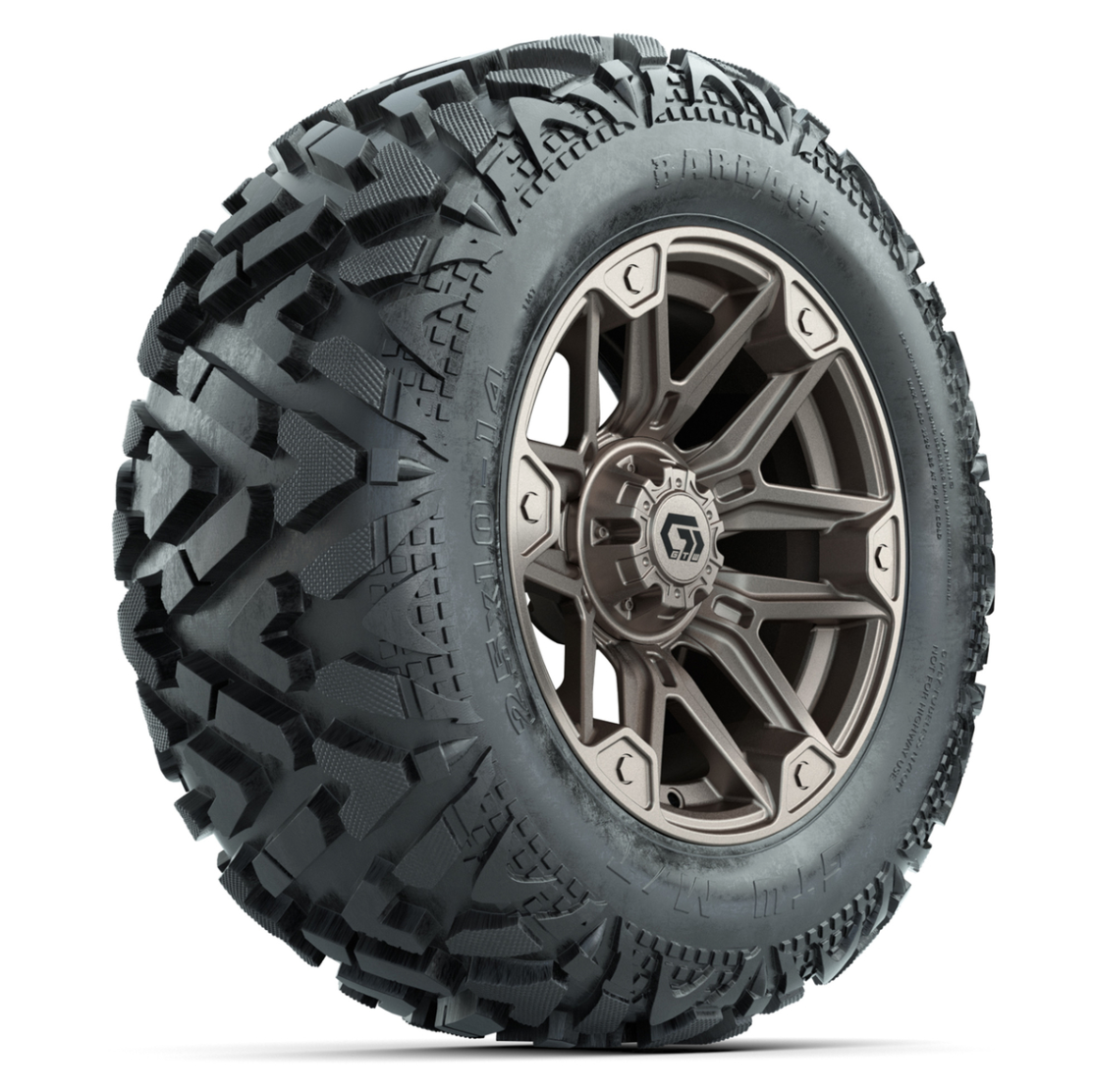 GTW Graffiti Bronze/Black 14 in Wheels with 25x10-14 Barrage Mud Tires – Full Set