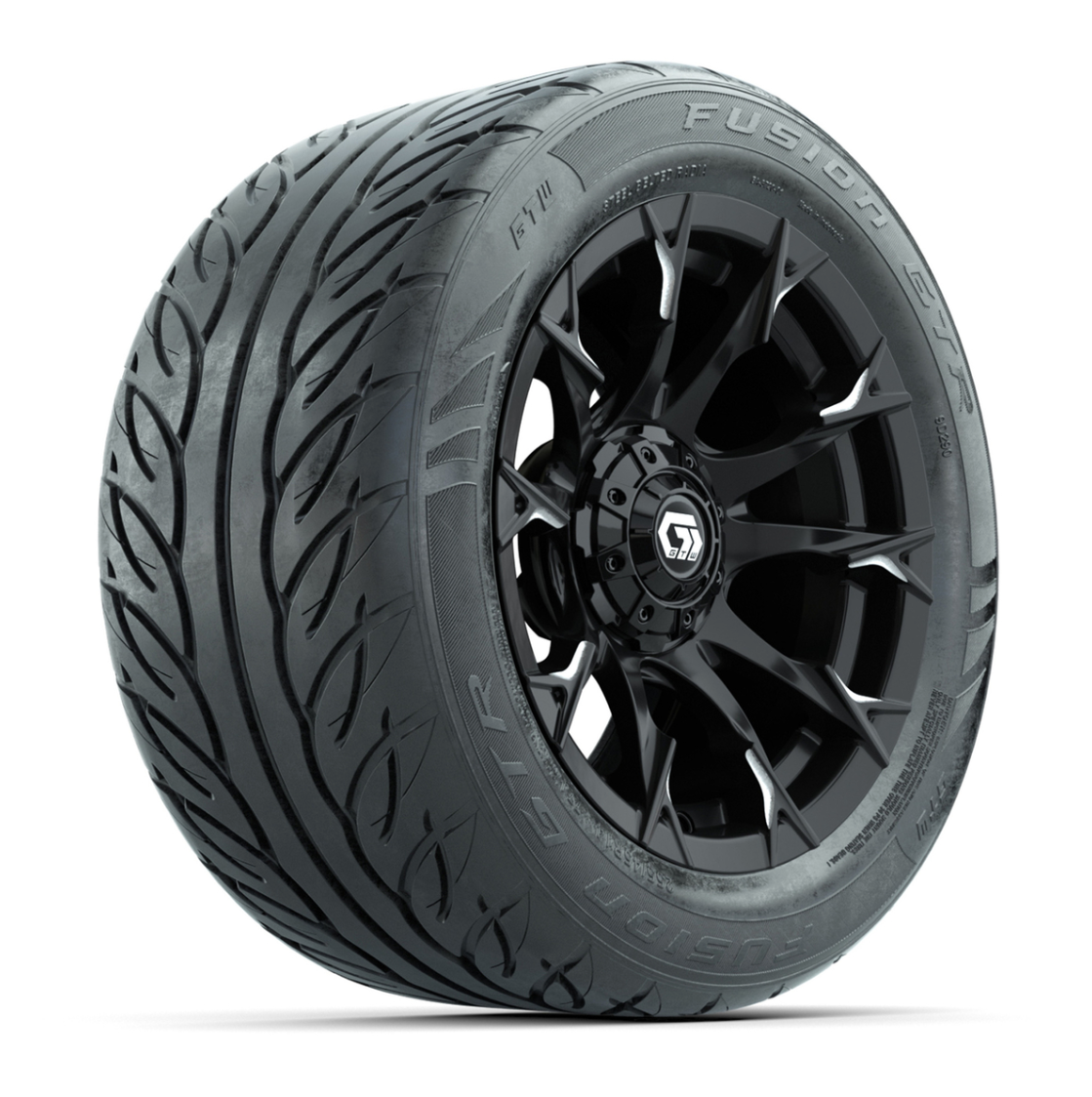 GTW® Diablo Gloss Black/Machined 14 in Wheels with 255/45-R14 Fusion GTR Steel Belt Radial Street Tires – Full Set