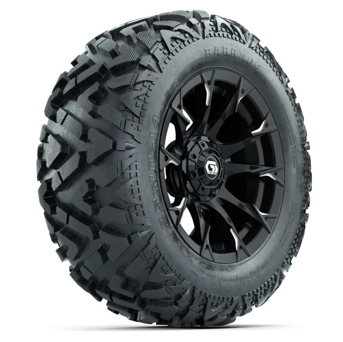 GTW Diablo Gloss Black/Machined 14 in Wheels with 25x10-14 Barrage Mud Tires – Full Set