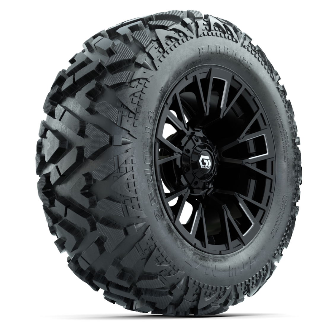 GTW Vandal Matte Black/Machined 14 in Wheels with 25x10-14 Barrage Mud Tires – Full Set
