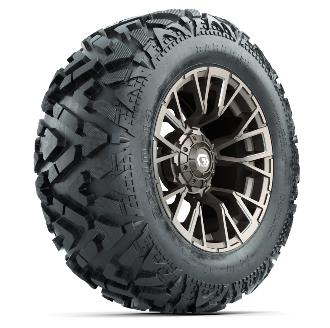 GTW Vandal Bronze/Machined 14 in Wheels with 25x10-14 Barrage Mud Tires – Full Set