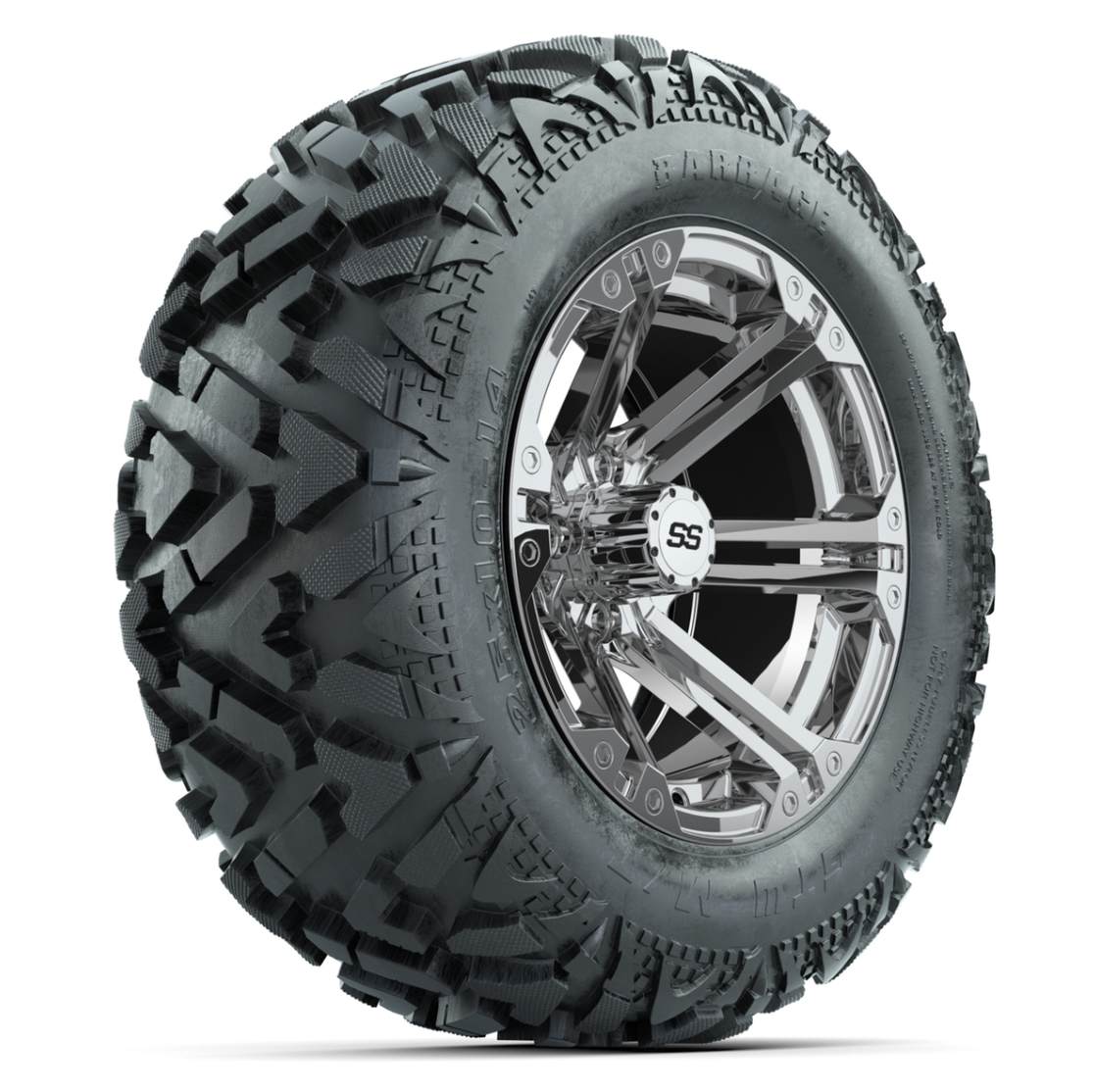 GTW Specter Chrome 14 in Wheels with 25x10-14 Barrage Mud Tires – Full Set
