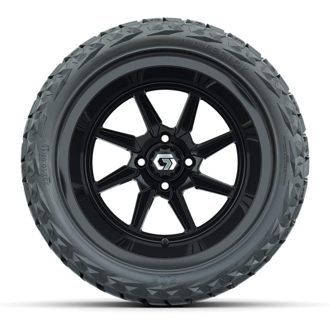 GTW® Reaper Gloss Black 15 in Wheels with 23X10-R15 Maverick Steel Belted Radial All-Terrain Tires - Full Set