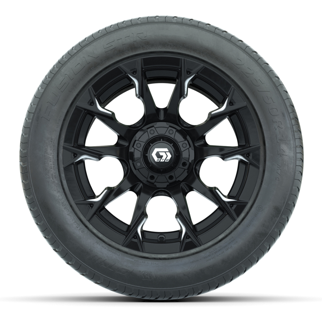 GTW® Diablo Gloss Black and Machined 14 in Wheels with 255/50-R14 Fusion STR DOT Approved Street Tires - Full Set